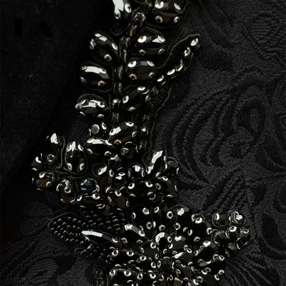 남성용 자카드 3피스 고급 정장 세트, 벨벳 칼라가 있는 수제 비즈 크리스탈 자켓, 웨딩 신랑 정장, 프롬 정장 의상