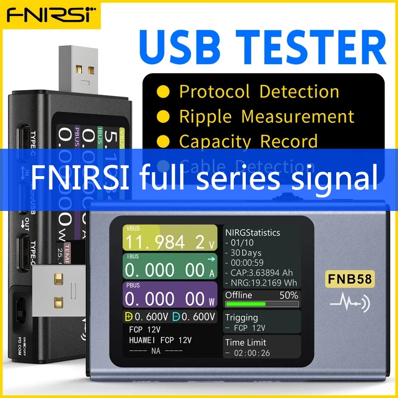 

FNIRSI-FNB58 USB Tester Voltmeter Ammeter TYPE-C Fast Charge Detection Trigger Capacity Measurement Ripple Measurement