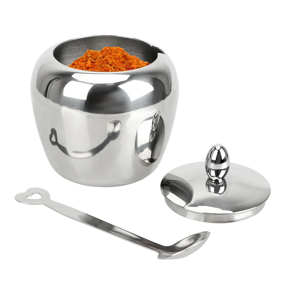 Condiment Pot Spice Container With Lid and Spoon Apple Sugar Bowl Stainless Steel Kitchen Accessories Tableware Seasoning Jar