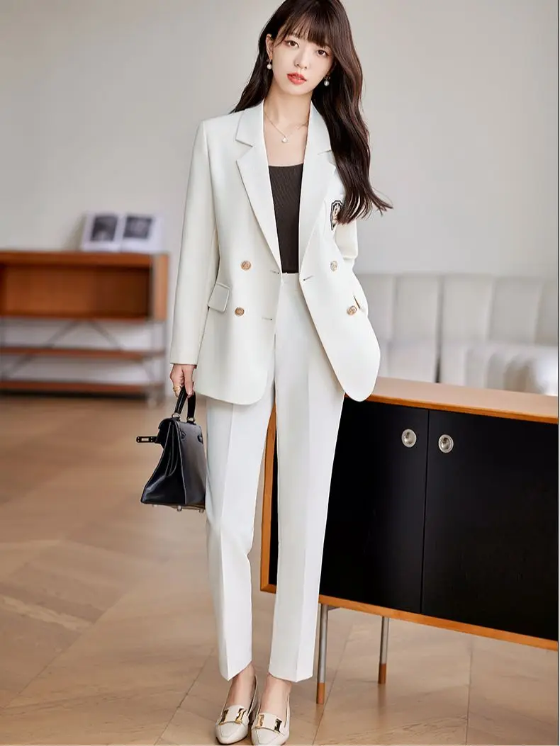 Women Elegant Work Blazer Suit Noted double breasted Jacket Coat Top And Pant Two Piece Set Matching Outfit Office Lady Clothing