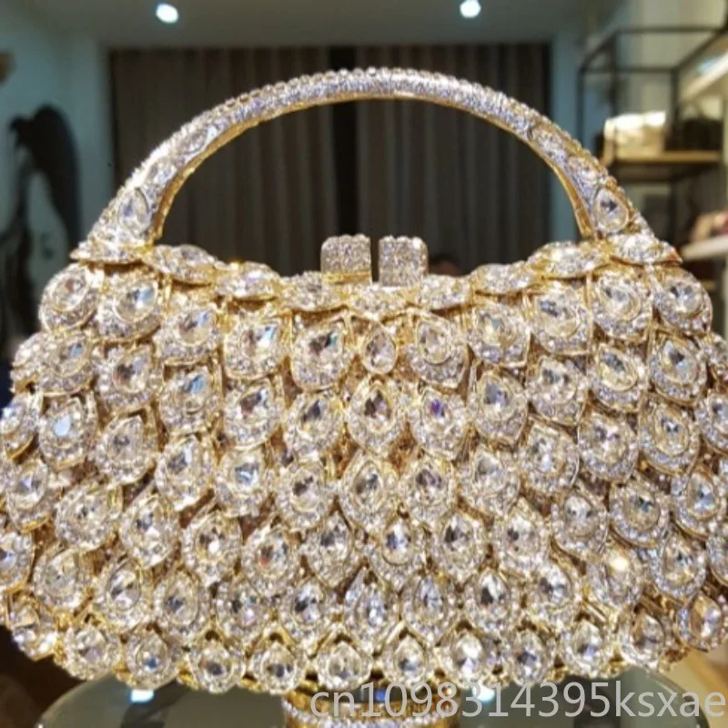 Women's Evening Clutch Bag with Crystal Embellished Openwork Metal Hard Case Handheld for Party Banquet European Style