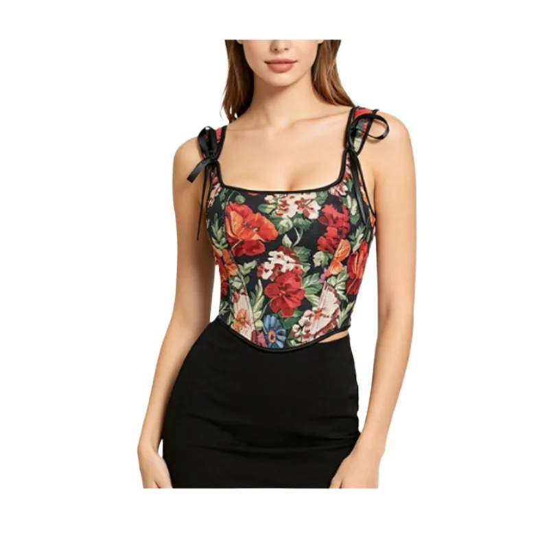 Vintage Oil Painting Flower Jacquard Corset Square Neck Ribbon Shoulder Straps Retro Crop Streetwear Top