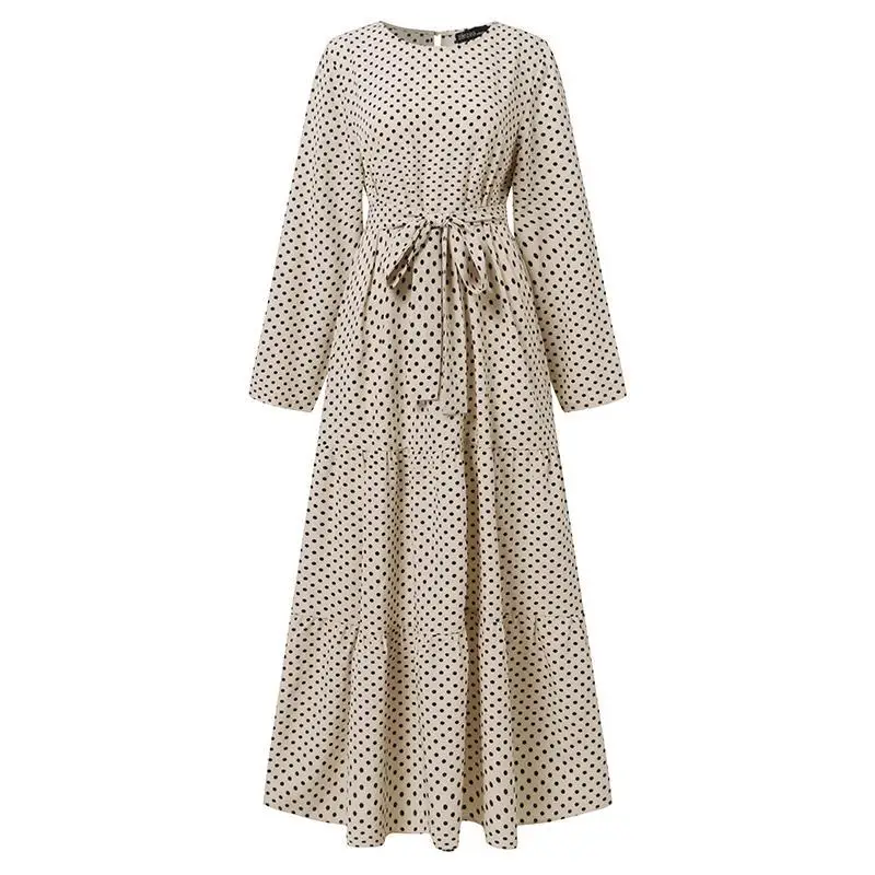

New Traditional Muslim Moroccan Dot Turkey Long Sleeve Woman Dress Fashion Belt Sun Dress Party Gown Muslim Clothing Women Dress