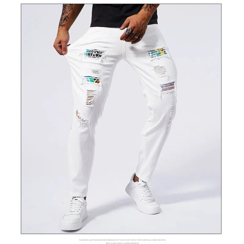 Pantalones vaqueros blancos con parche de cobre roto para hombre, pantalones largos de pierna pequeña ajustados y elásticos, moda urbana, verano,