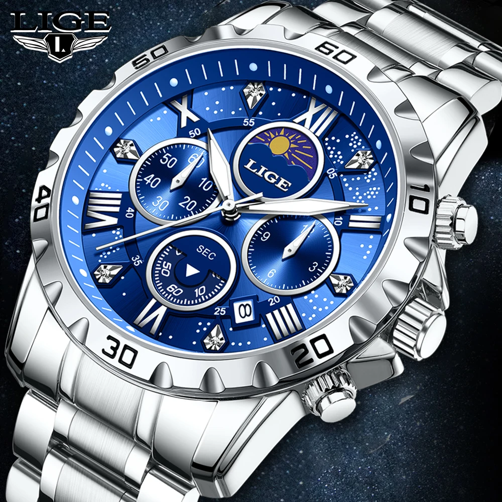 

LIGE Роскошные модные мужские часы, водостойкие светящиеся часы с хронографом из нержавеющей стали для мужчин, спортивные уличные мужские кварцевые наручные часы