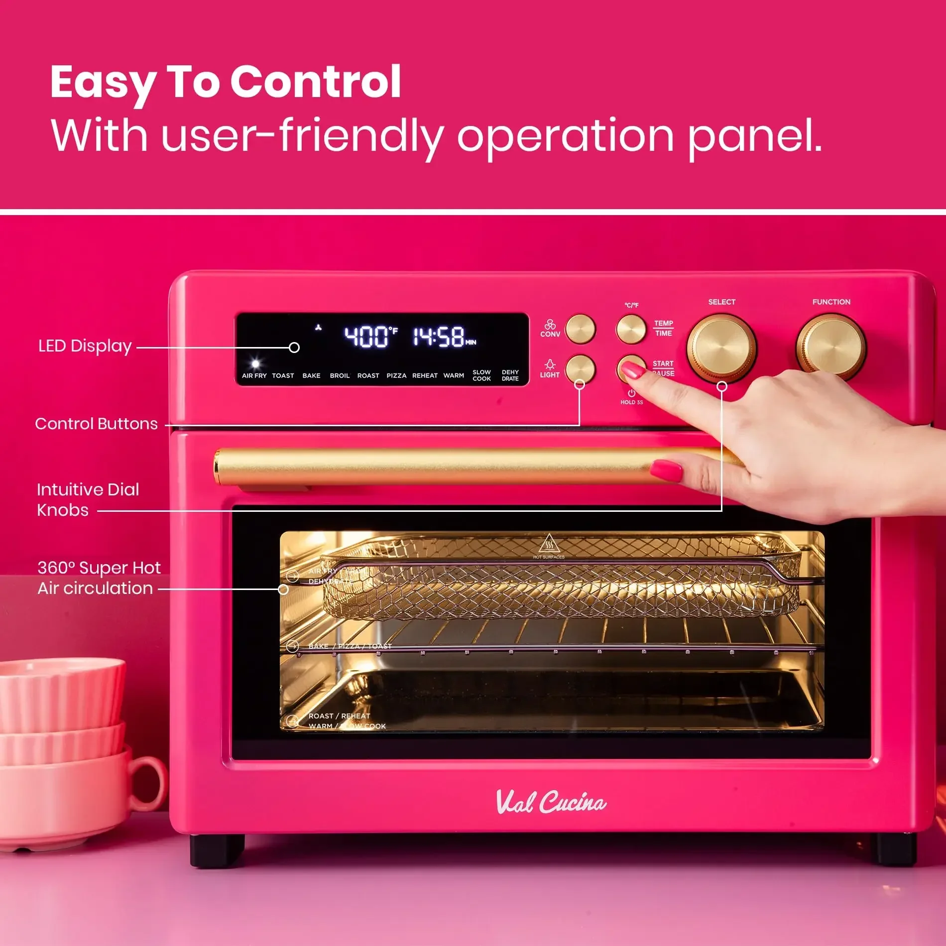 

Limited Edition Happy Pink Infrared Heating Air Fryer Toaster Oven, Extra Large Countertop Convection Oven 10-in-1 Combo, 6-Slic