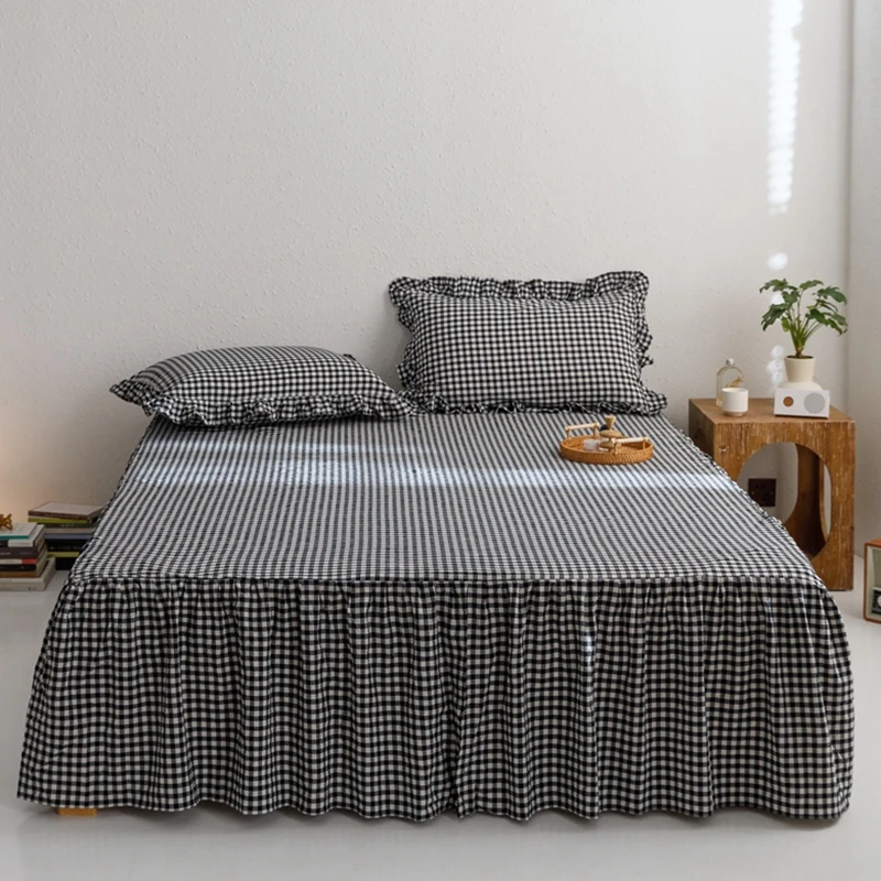 

Bonenjoy Bed Skirt 100% Cotton Bed Cover Plaid Style Bedspread Single/Queen/King Size Mattress Protector 침대스커트 (No Pillowcase)