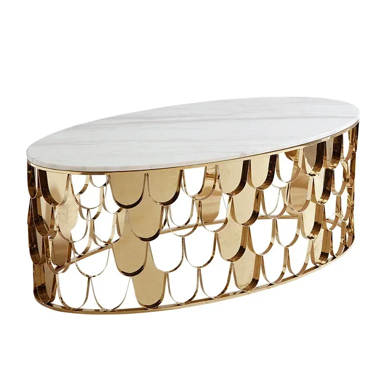 Stainless steel fish scale oval coffee table personalized light luxury household living room marble sofa edge table8578