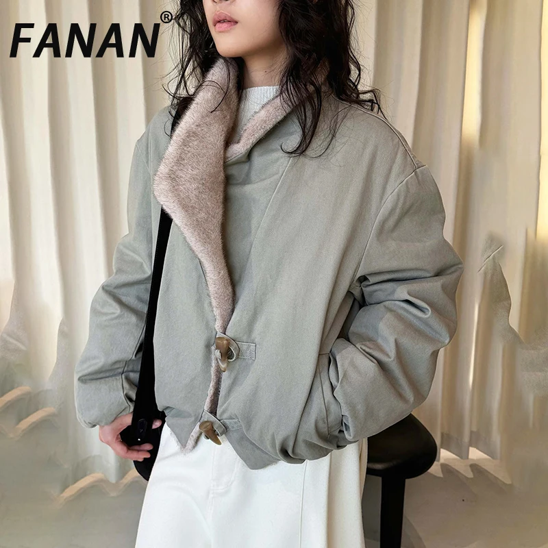 

FANAN Faux Fur Design Cotton Coats For Women Lapel Long Sleeve Office Lady Loose Jackets Fashion Female Clothing Winter New