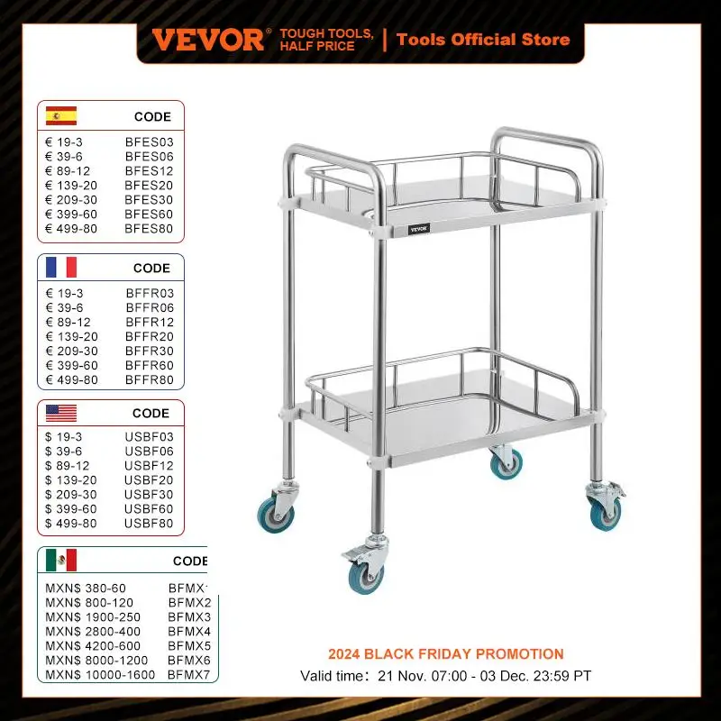 

VEVOR Medical Dental Lab Cart with 2 - 3 Shelves Stainless Steel Wheels Trolley with Drawers for Laboratories Clinics Hospitals