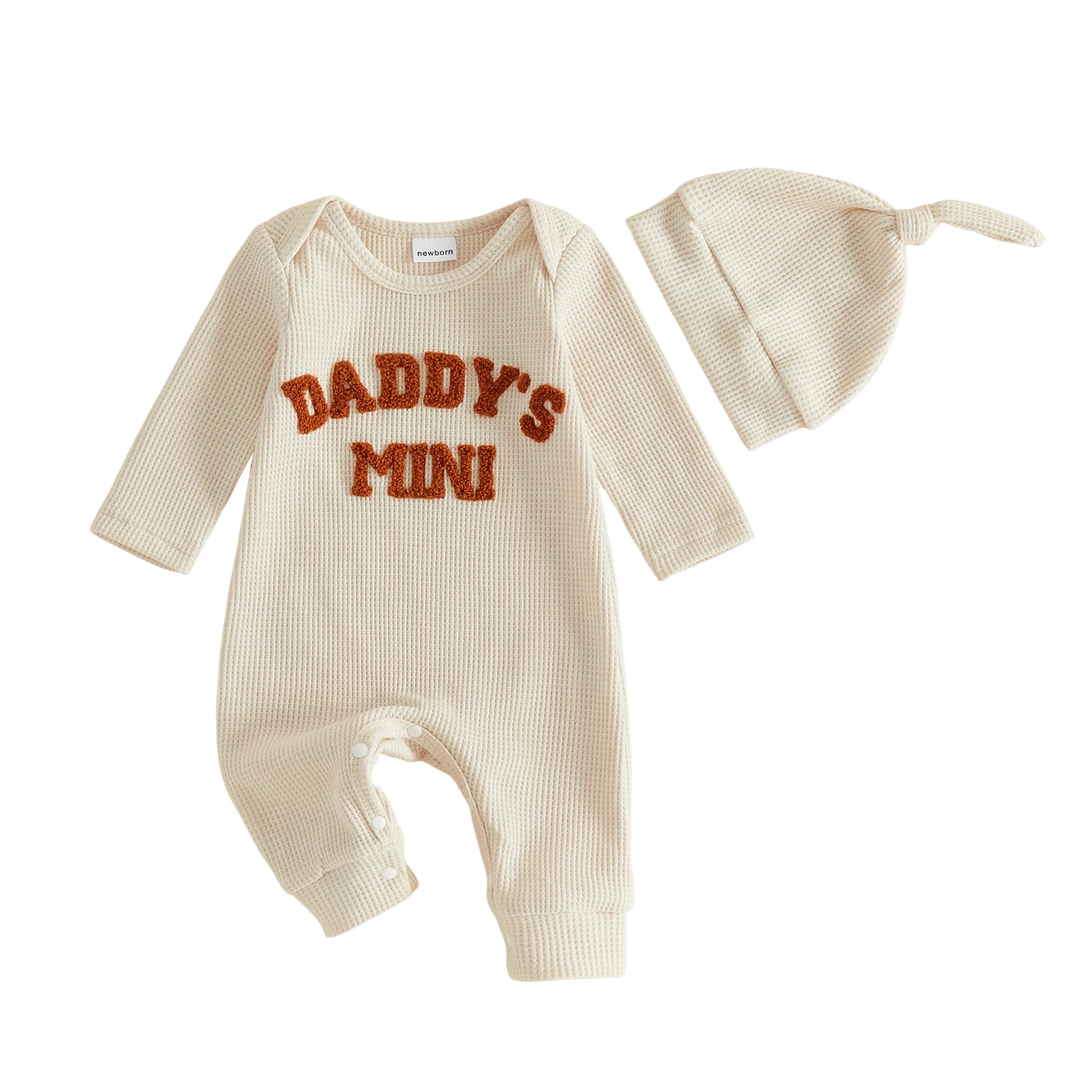 Baby Boy Fall Romper Waffle Letter Embroidery Crew Neck Bodysuits with Hat