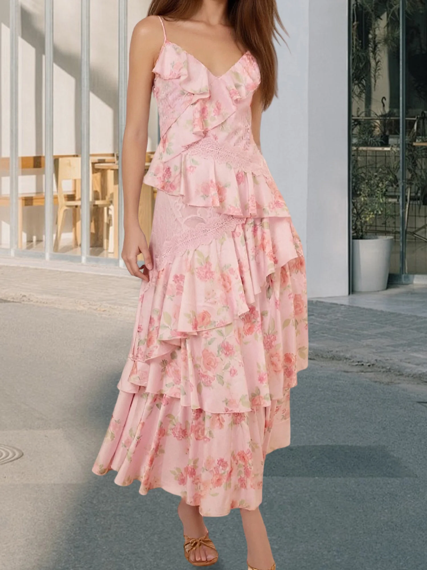 Abito lungo Boho Chic da donna con dettagli volant con spalle scoperte e stampa floreale senza maniche con cinturino per spaghetti con scollo a V senza schienale