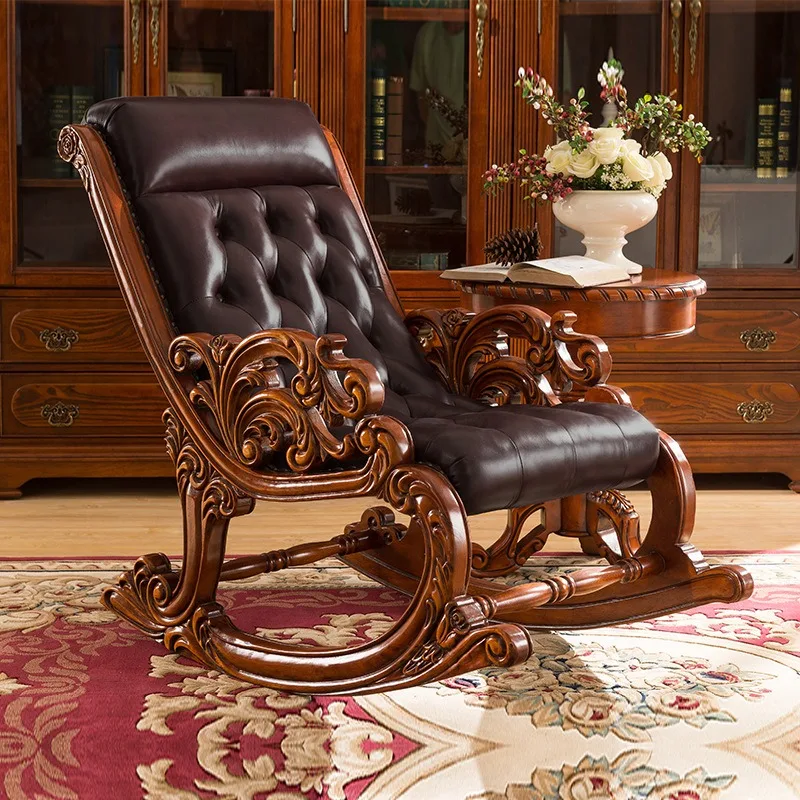 American all-solid wood rocking leather recliner household European lazy sofa leisure nap