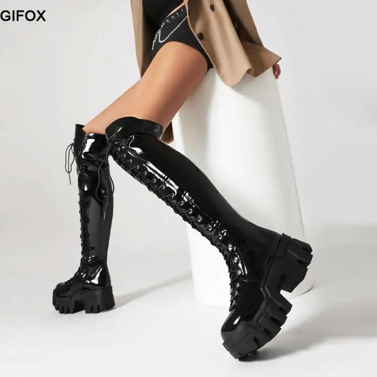 GIGIFOX Platform Over The Knee Boots For Women Wedge Heel Fashion Motorcycle Punk Lace Up Winter Boots Chunky New Rock Shoes