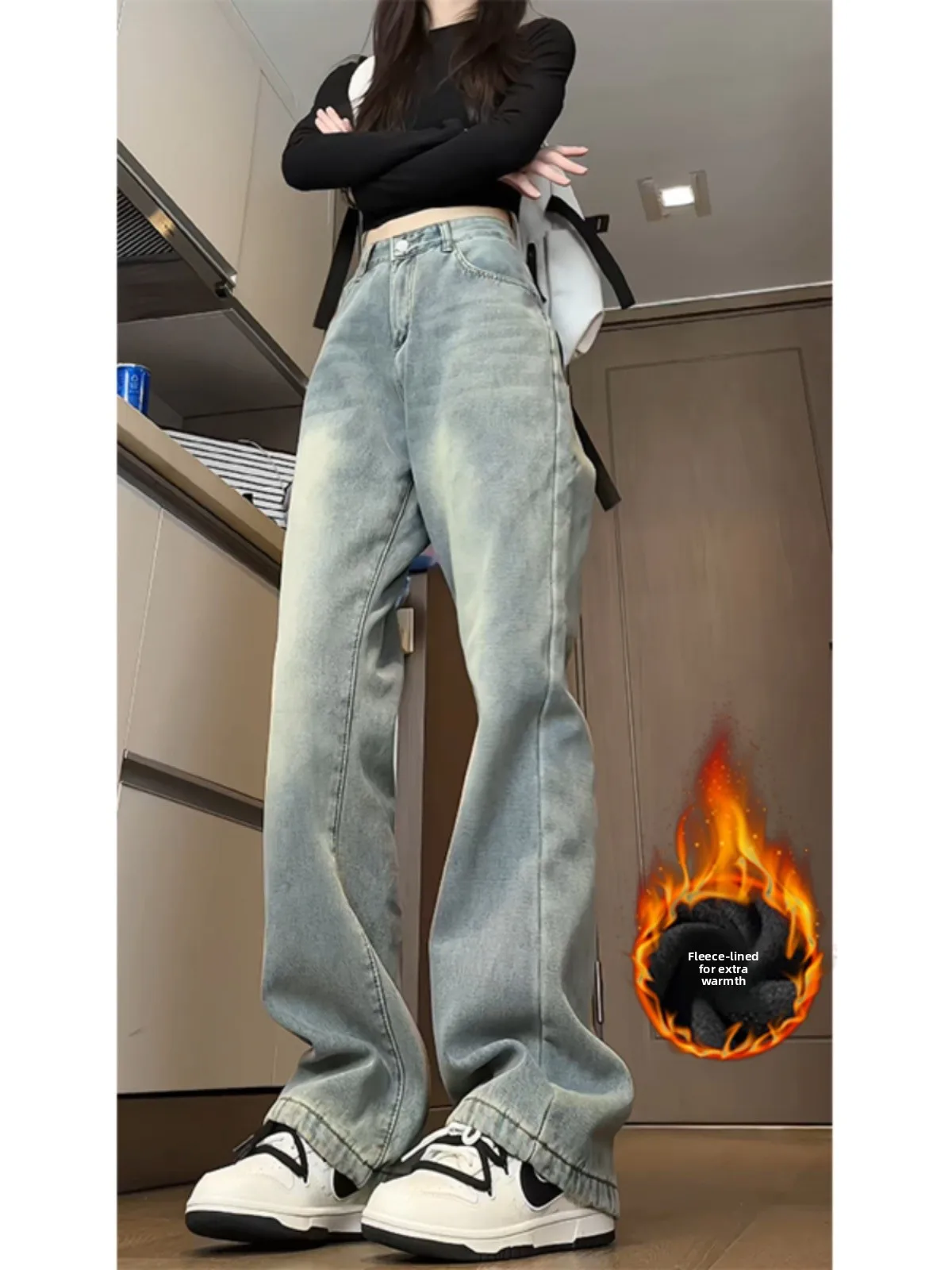 

American Retro Fce Lined Thi Straight Leg Jeans Men's Casual Slimming Autumn Winter Cleanfit Brand Jeans Youth Trendy