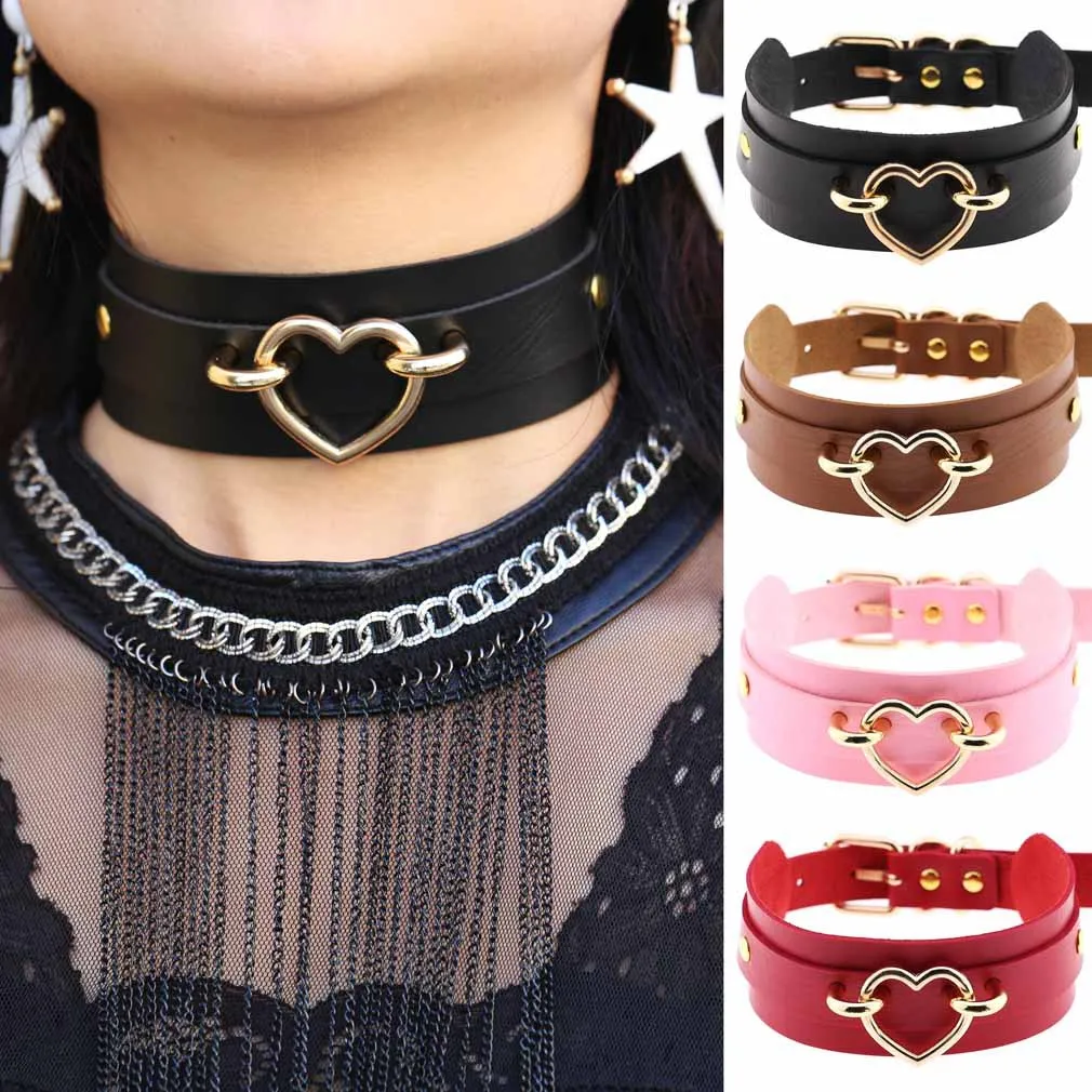

Fashion Choker Men Women Necklaces Punk Gothic PU Leather Chain Heart Buckle Collar Necklace Party Jewelry Decoration Choker