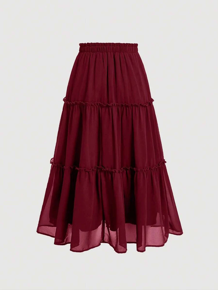 Saia midi feminina elegante em camadas de chiffon, saia longa com cintura elástica, leve e elegante, adequada para datas diárias