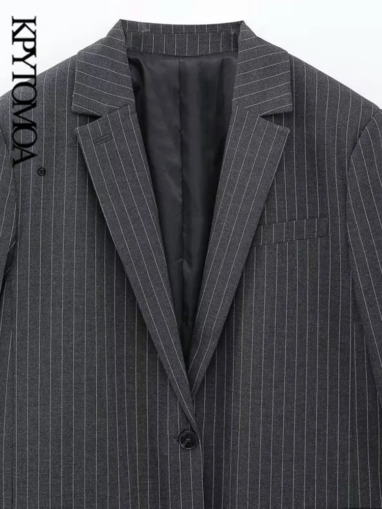 KPYTOMOA moda damska przód guzik Pinstripe marynarka płaszcz w stylu Vintage z długim rękawem kieszenie z klapami damska odzież wierzchnia Chic