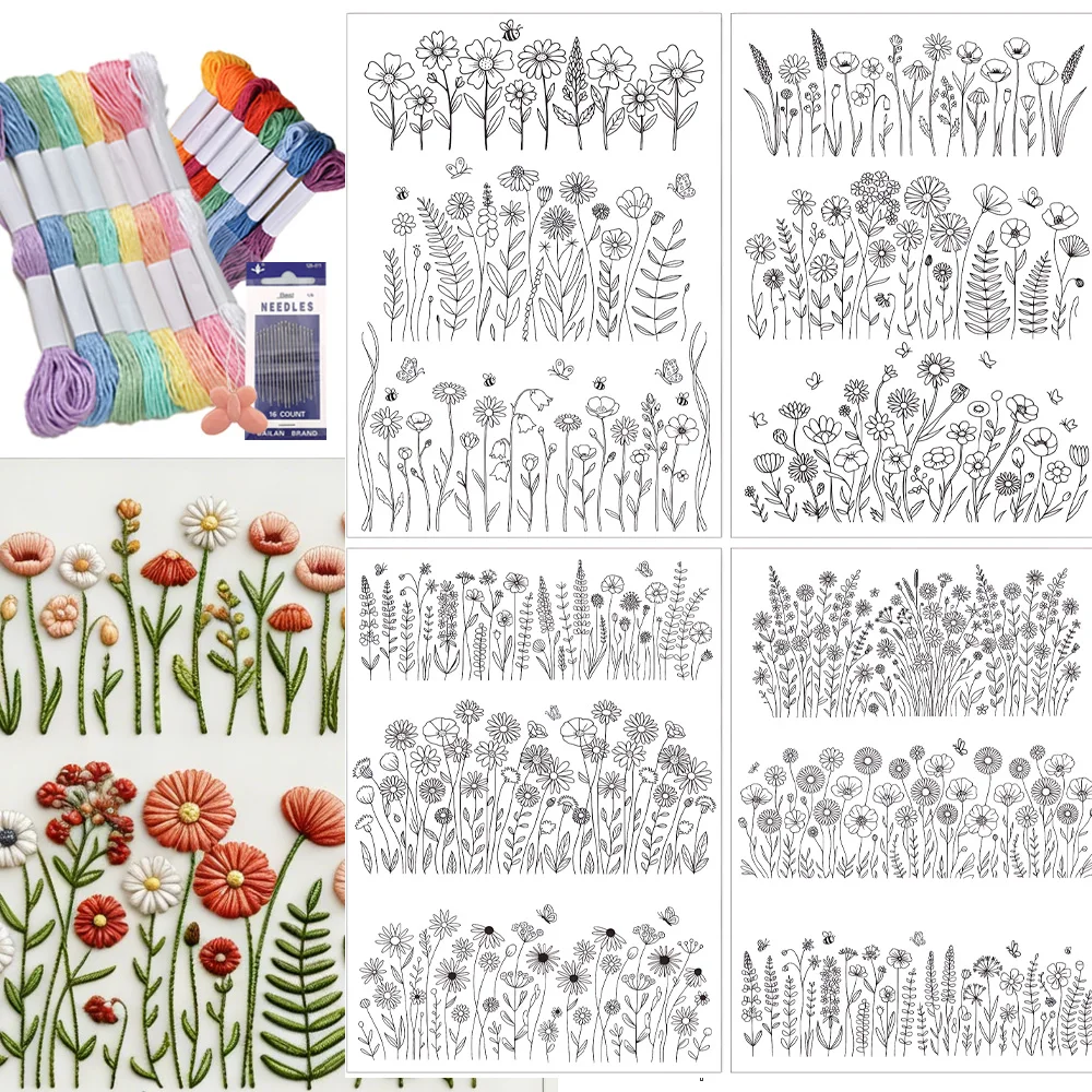 4 Blatt Vorgedrucktes Stickmuster-Papier, Selbstklebendes Wasserlösliches Stabilisator-Set mit Blumenmuster für DIY Handarbeit