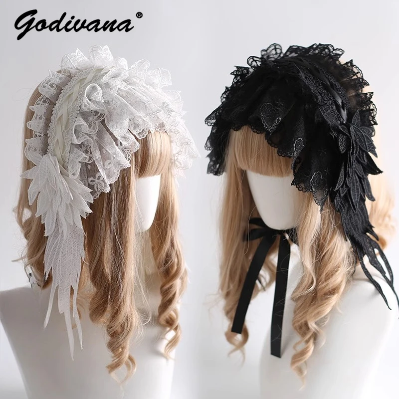 

Original Gothic Handmade Hair Accessories Nun Black and White Lace Headband Y2k Subcultural Headgear Lolita Lace Hairband