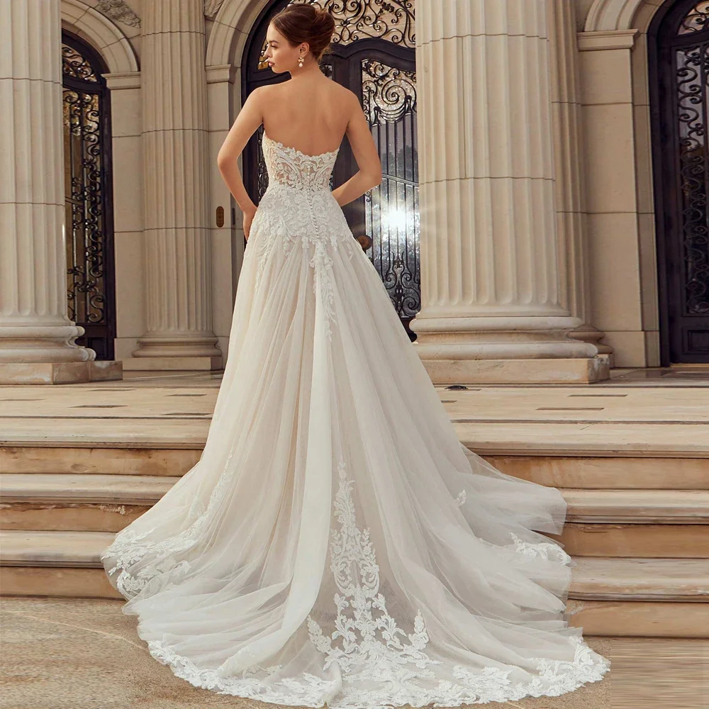 ประณีต A-Line ชุดแต่งงาน V คอ Applique ดอกไม้ชุดเจ้าสาวแขนกุดที่กําหนดเองกวาด Strapless Vestidos De Novia