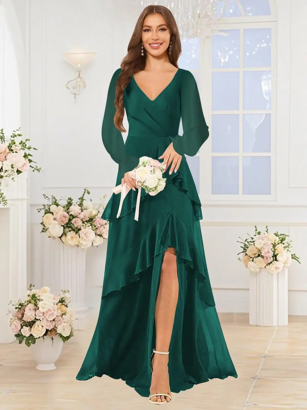 

Long Sleeve Bridesmaid Dresses for Women Tiered Ruffle V Neck Chiffon Fall Formal Dress with Slit