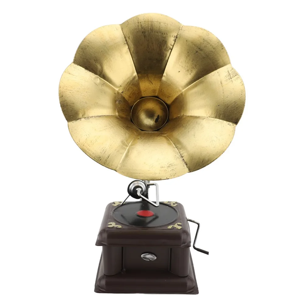 2pcs Iron Phonograph Model Red Bronze Bronze Record Player Model Nostalgic Classical Gramophone Music Box Table Decor