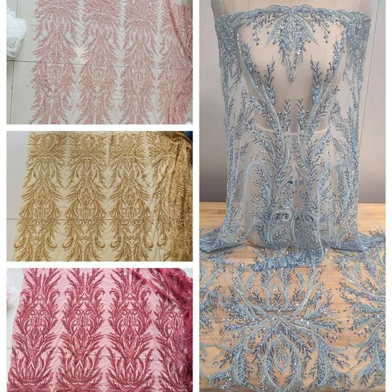 1Yard 130cm Wide 10 Colors Beaded Sequin Wedding Tulle Lace Fabric High End Dress DIY Garment Accessories Decorative Mesh