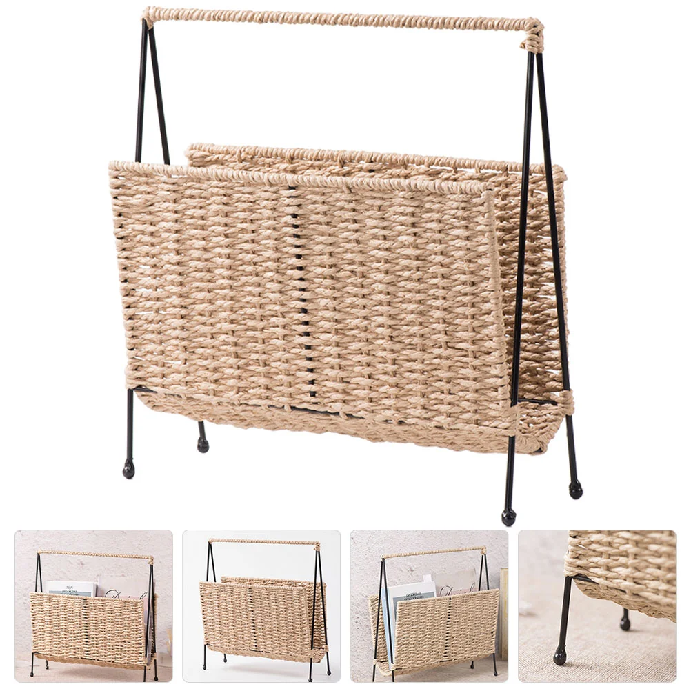 

Magazine Basket Storage Woven Holder Rack Standing Rattan Book Organizer Stand Floor File Snack Bin Baskets Wicker Farmhouse