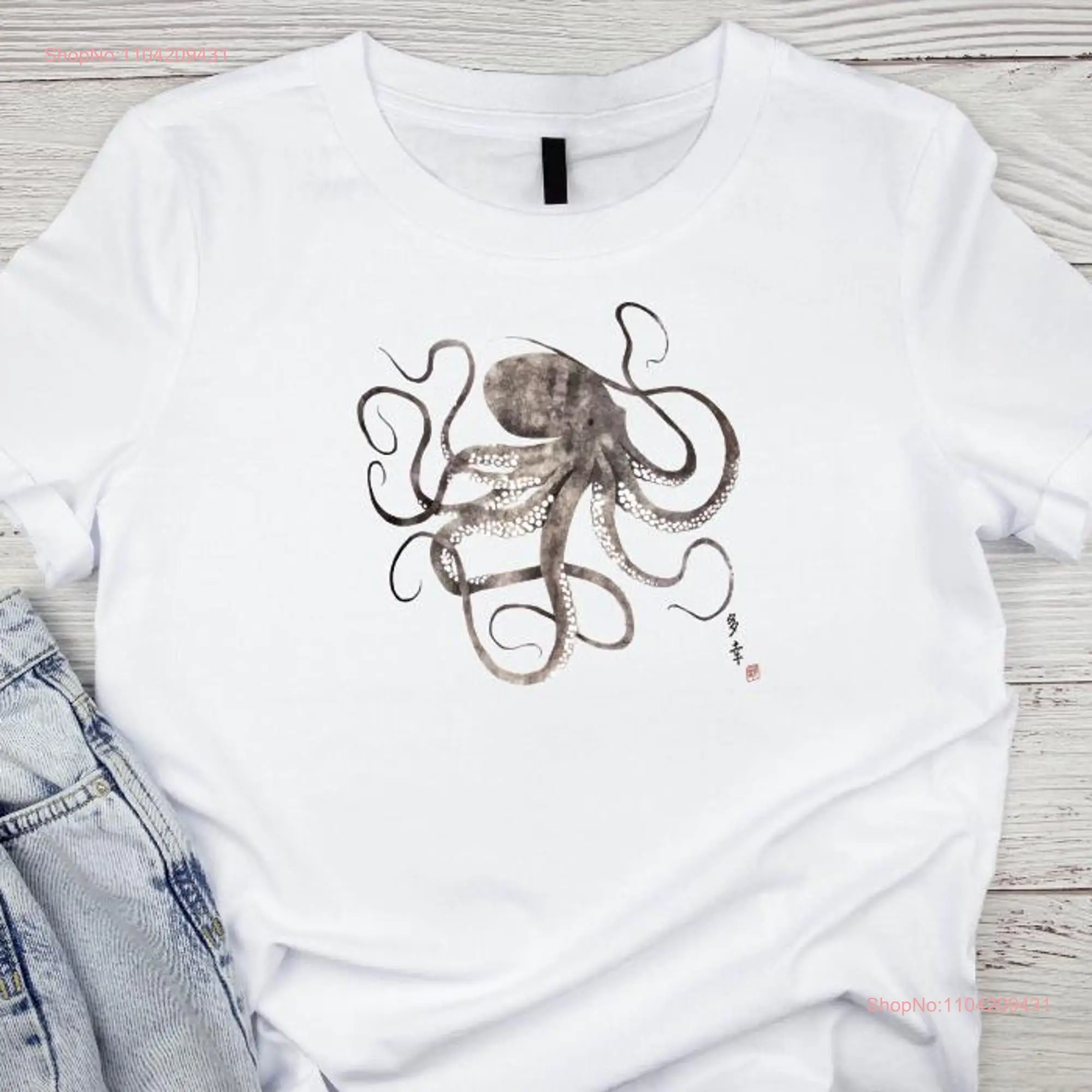 Octopus Japanese Calligraphy T Shirt Gyotaku Traditional Ukiyo e Japan Kanji Anime Manga Kyoto Martial Arts