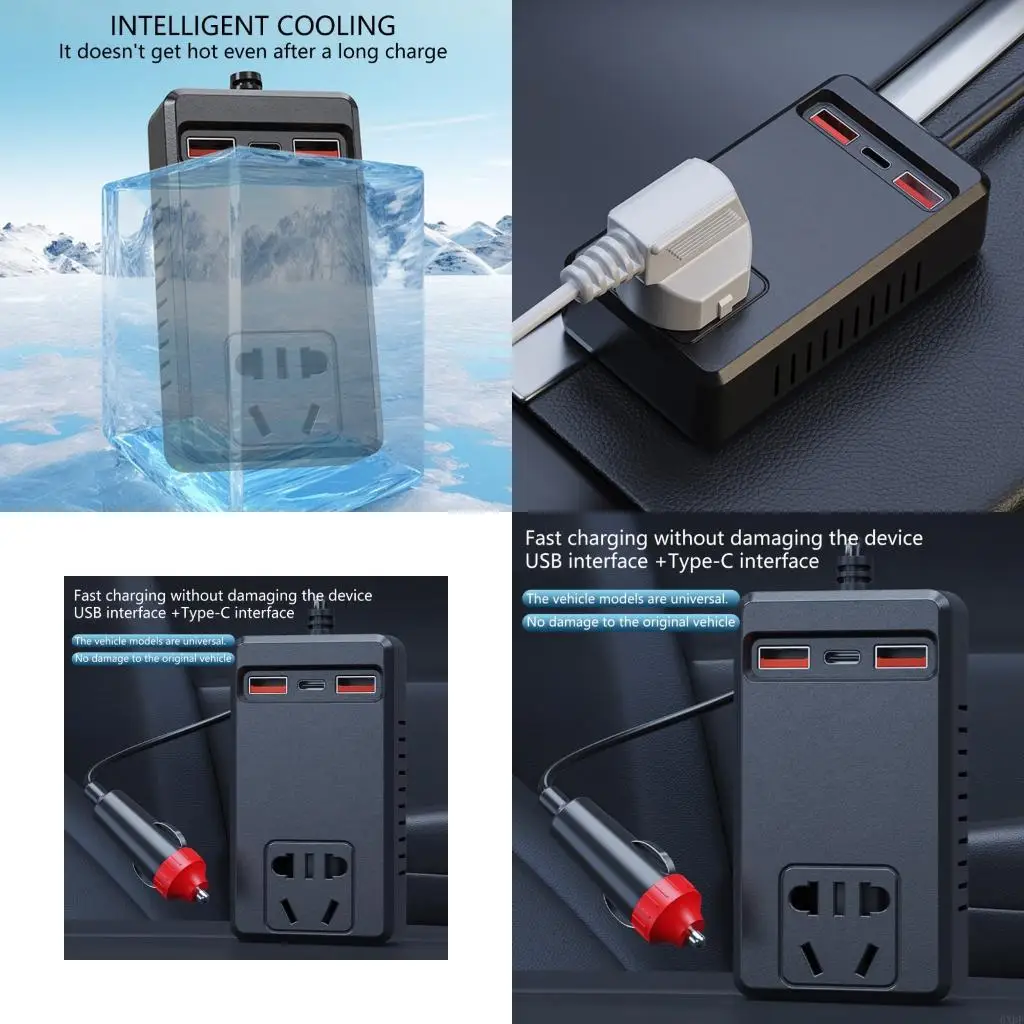 6XDF High Speed Charging Car Inverter Power Adapter 150W 4 Intelligent USB Ports Compact Design For Road Trips Electronics