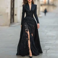 Vestido de noche de traje negro personalizado con cuello en V, mangas largas, apliques de encaje, vestidos de noche de sirena, vestidos de fiesta formales largos de satén