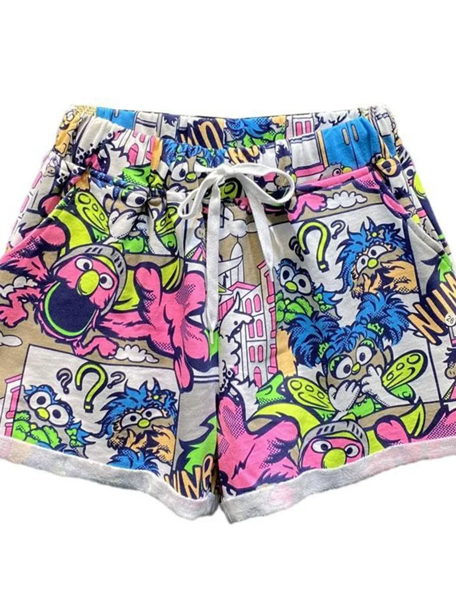 plus Size 300 Pou Faion Cartoon fiti Wide Leg orts Women Summer Slimming Loose Casual Pants High Waist Dyed Pants