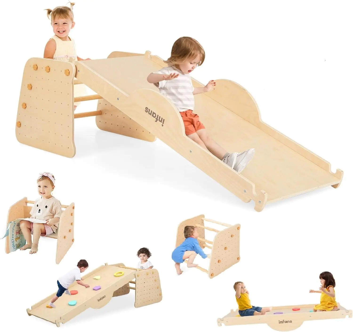 Juguetes de escalada 7 en 1 para niños pequeños, juego de escalador de cubos Montessori de madera mejorado con balancín de escalera deslizante de rampa Reversible, P interior