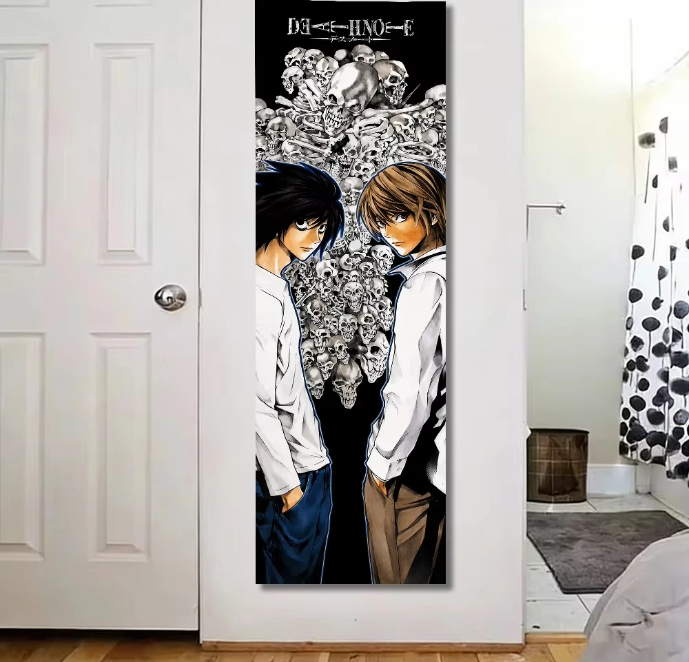 Death Note Anime Tapestry Vertical Long L Yagami Light Skull Skeleton Black Background Wall Hanging Cloth Poster for Bedroom