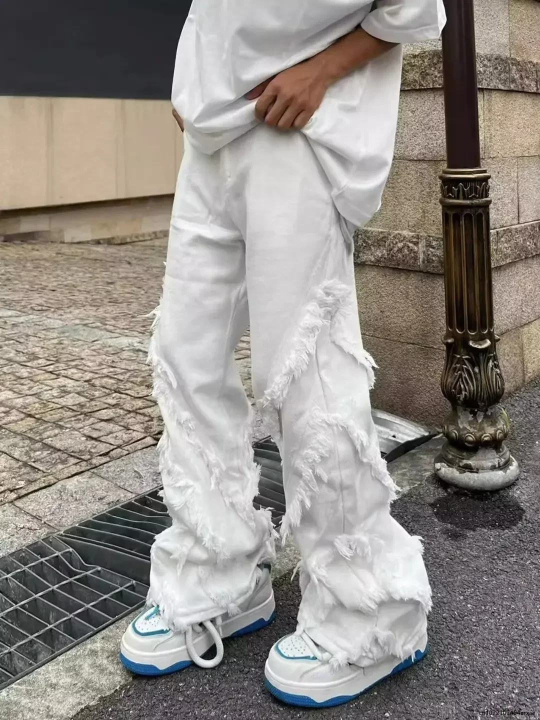 Jeans branco reto para homens e mulheres, roupas Y2K, borda crua, estilo harajuku, dança hip-hop, estilo americano, danificado, 2023