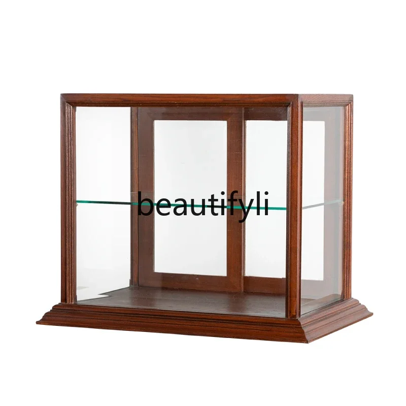 Retro solid wood glass display cabinet, baking coffee shop jewelry utensils desktop storage cabinet