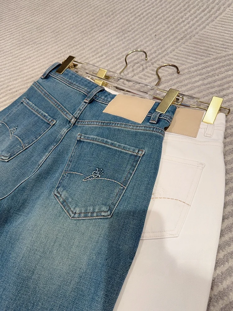 

High Waist Straight Leg Cotton Denim Pants Women's Spring Season Floral Pattern Zipper Closure Casual Trousers