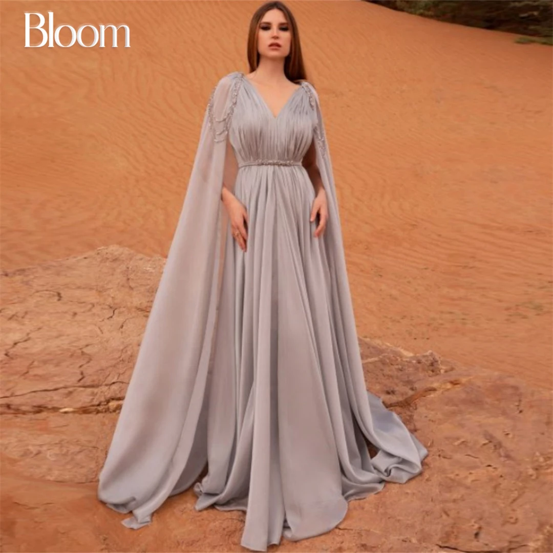 

Bloom V-neck A-line Beadings Evening Dresses Floor-length Arabia Cloak Zipper-up Elegant Formal Wedding Party Dresses For Prom