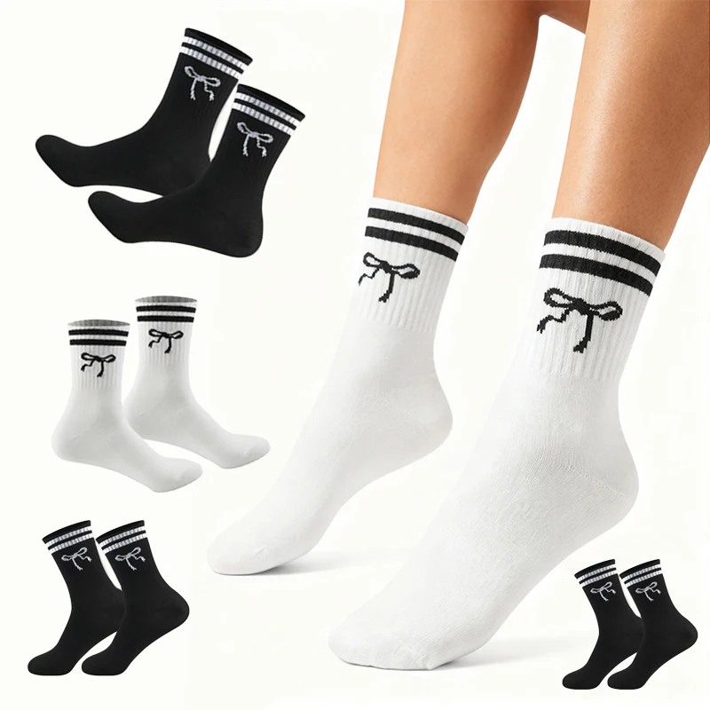 

Классические черно-белые новые носки в стиле мультфильма с бантом, дышащие и приятные для кожи, спортивные носки со средней подошвой для мужчин и женщин