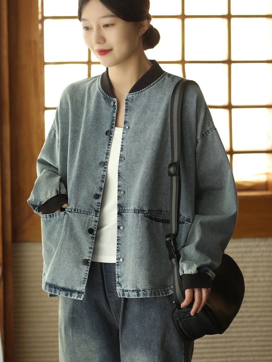 

Spring Faion Waed Cotton Denim Jaet Women's Ribbed Collar Baseball Sle Open Cardigan Outerwear Top Garden Beau