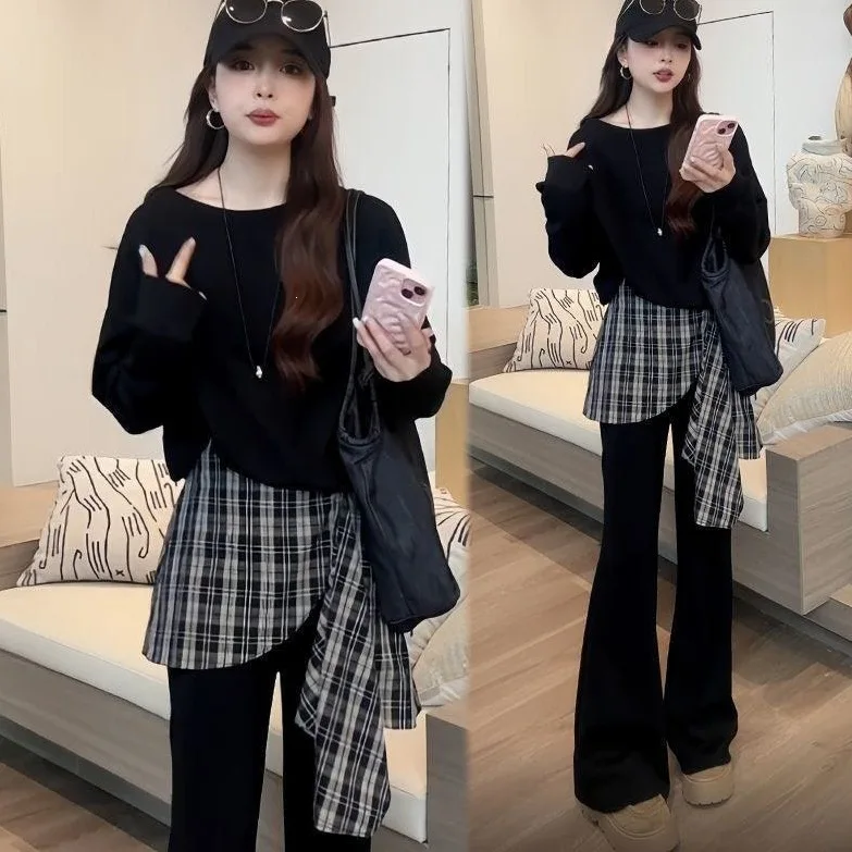 Casual Style Long Sleeve Women's Set Spring Autumn Pure Color Hoodie plus Plaid Patchwork Flared Pants Two Piece Suit