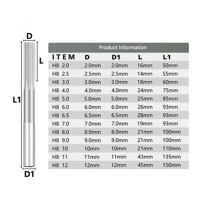 W6542 HSS machine tool reamer H8, 2mm- 20mm straight shank chuck machine tool reamer straight slot reamer milling cutter