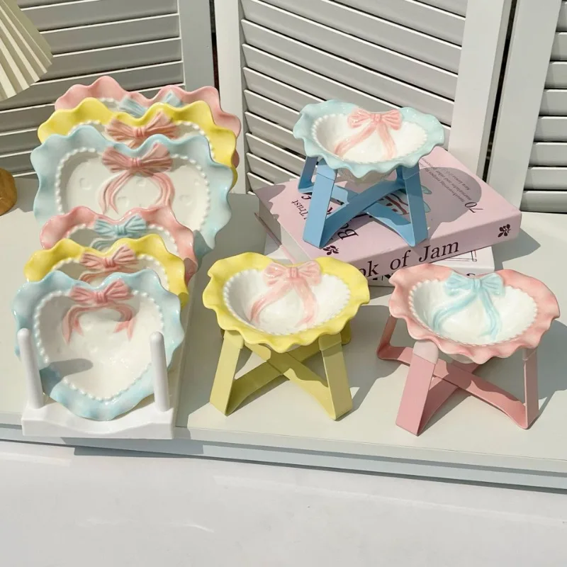 

Korean Style Handmade Ceramic Cat Bowl Dopamine Color Large Diameter Raised Anti Spill Pet Water Food Bowl with Bow Heart Design
