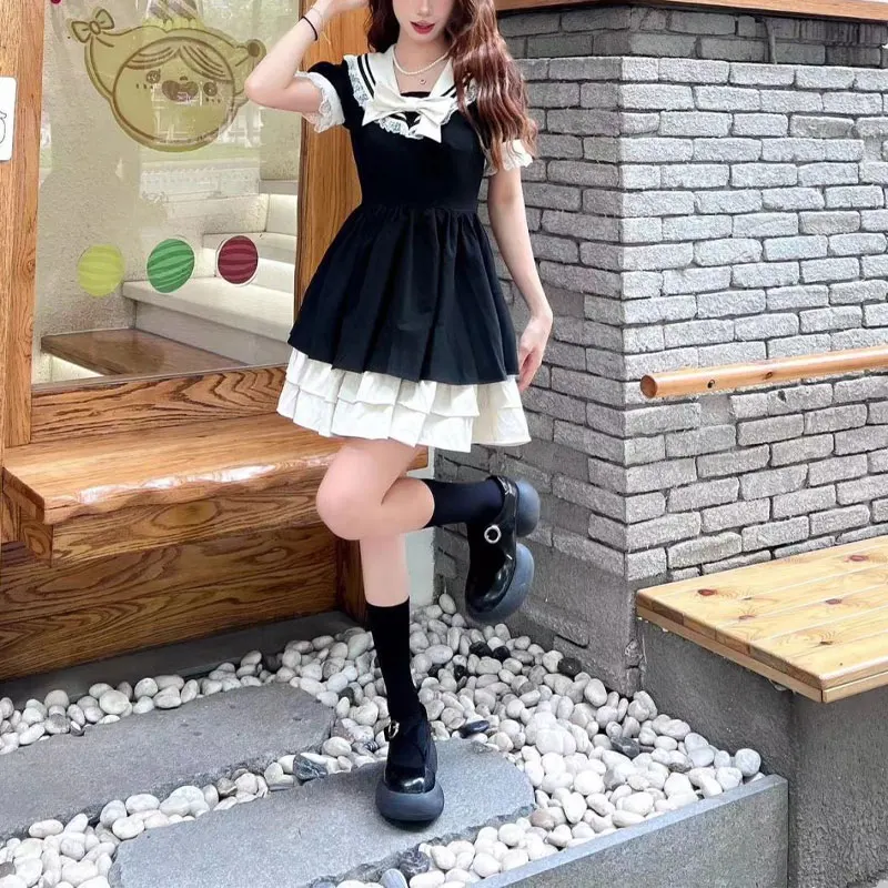 Preppy Style Sailor Collar Mini Dress Summer Stylish Lace Spliced Sweet Bow Ruffles Female Clothing Thin A-Line Waist Dresses