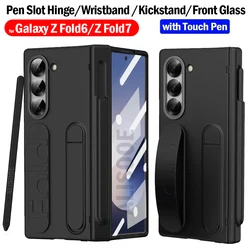 z fold 7 6 with Touch Pen Slot Hinge Funda for Samsung Galaxy Z Fold 6 7 Case Wristband Holder Front Glass Plastic Cover Capa
