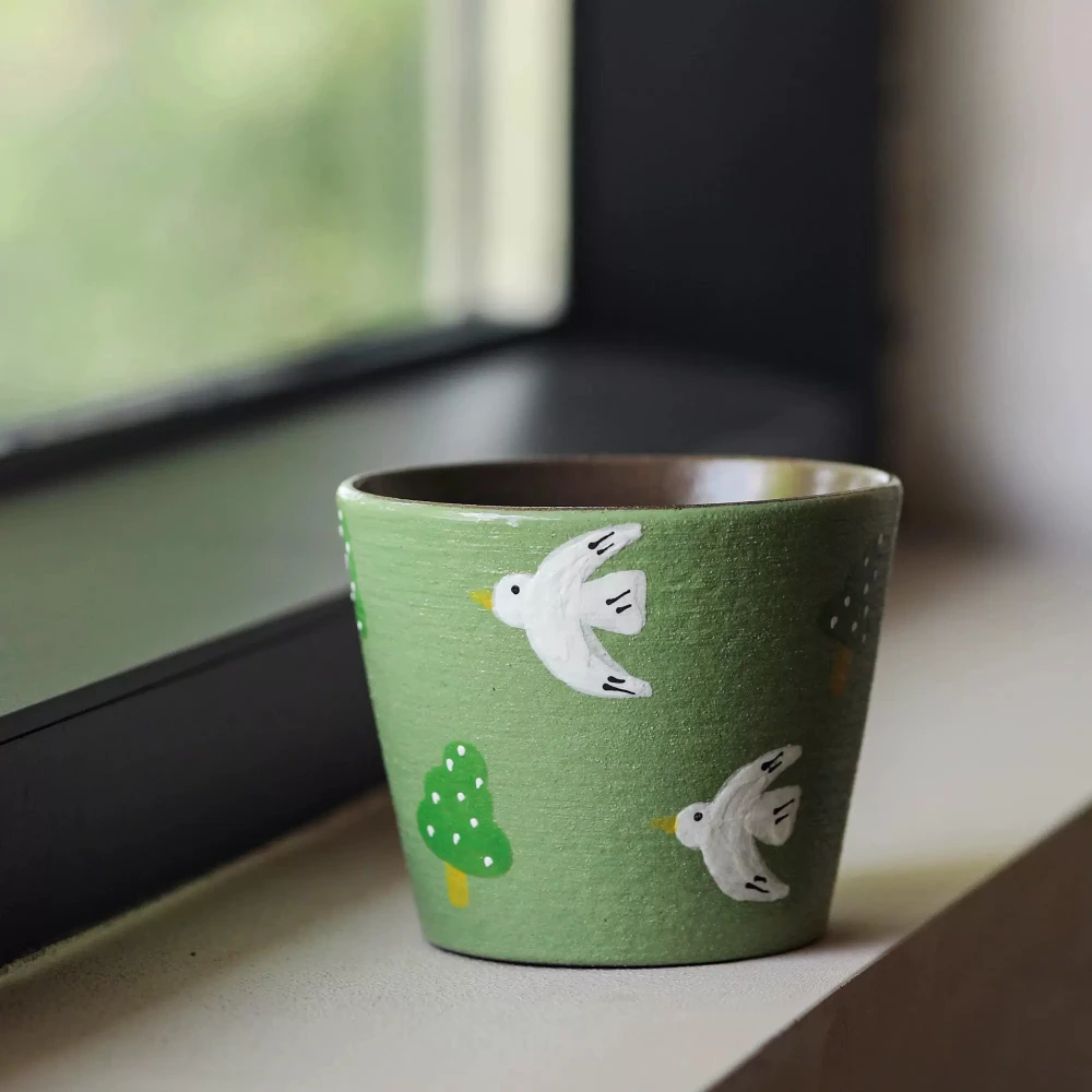 240ml Green Hand Painted Bird Tree Ceramic Cup Cute Animal Mug Coffee Tea Cup Handmade Style