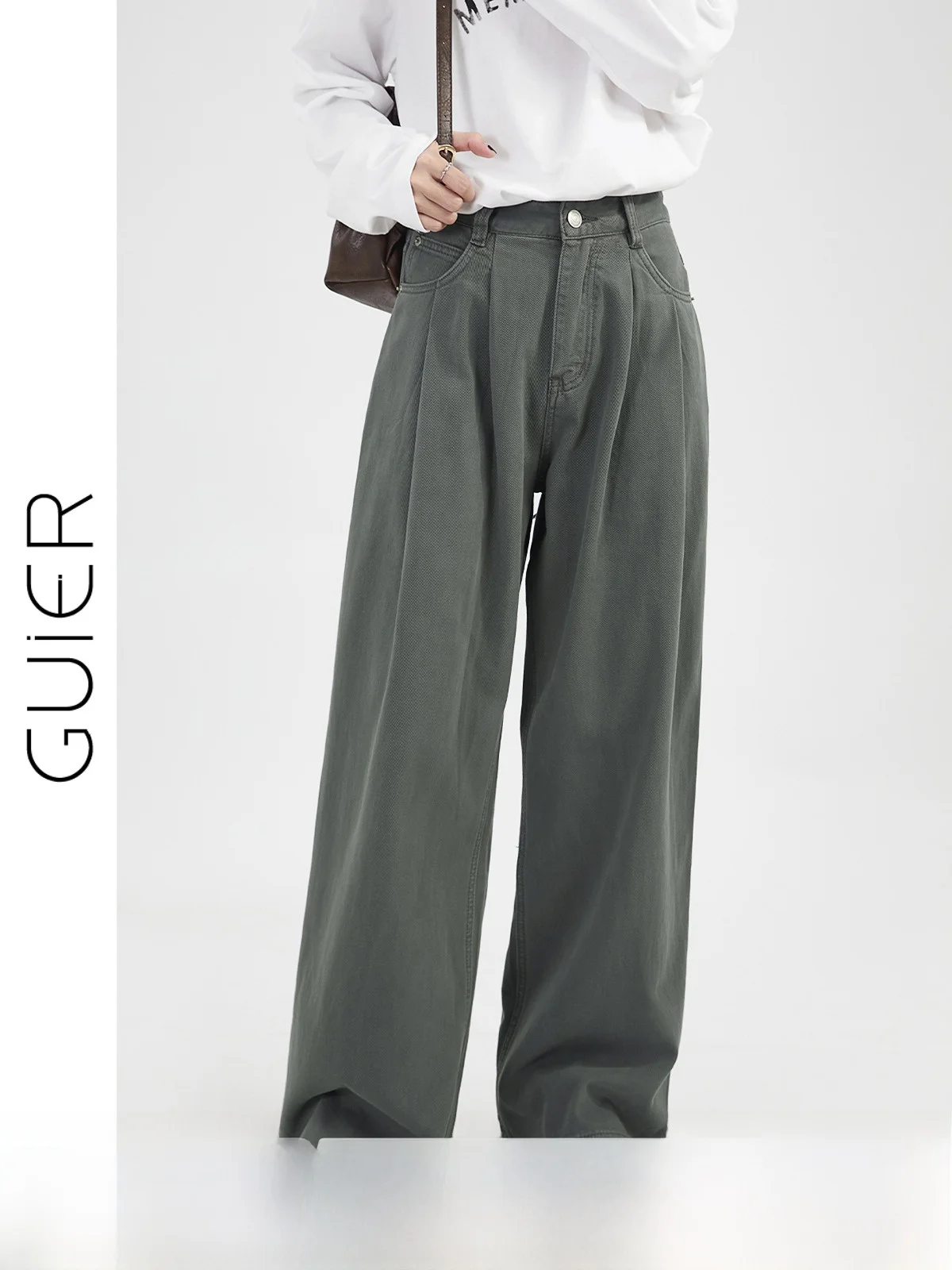 

Широкие джинсы из чистого хлопка с высокой талией, женские осенние длинные прямые брюки для похудения, полный Proc Ele Drapey