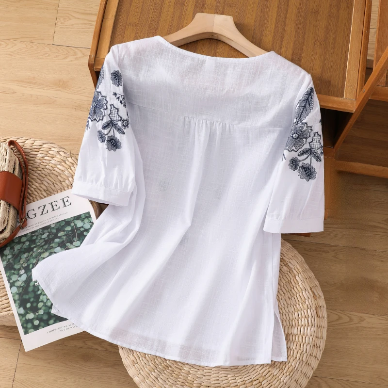 Cotton Linen T-shirt Women Summer 2023 Embroidery Loose Tees Short Sleeves Floral Top Chinese Style O-neck Clothing