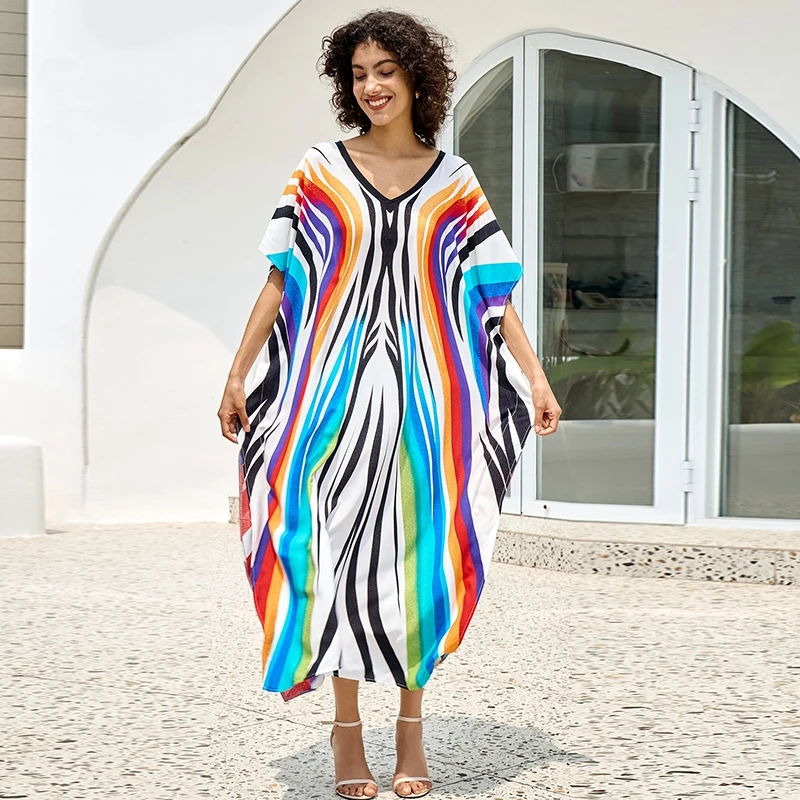 Mandala Kaftan Boho Chic ผู้หญิง Maxi ชุด Batwing Sleeve ขนาดใหญ่รีสอร์ทประเทศไทย Beach Cover Ups Seaside Tropical Caftan